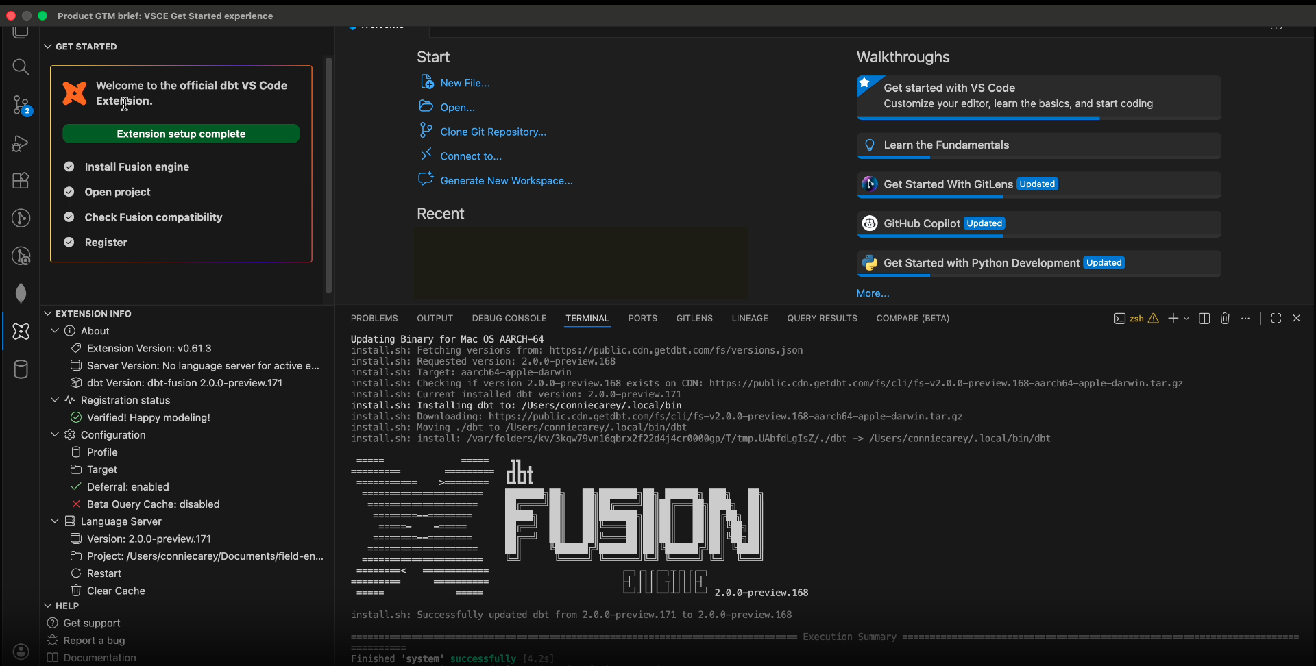 The Get started panel showing Extension setup complete with all four steps checked.